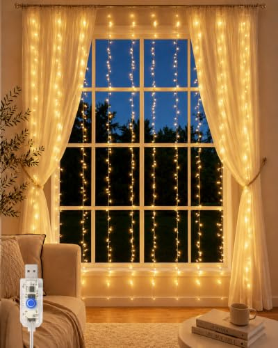 300 LEDs Lichtervorhang Innen, 3x3m warmweiße LED Lichterkette mit USB | 8 Beleuchtungsmodi, Fernbedienung & Timer – Weihnachtsdeko, hängende Lichter für Schlafzimmer, Hochzeit, Party & Wohnheim