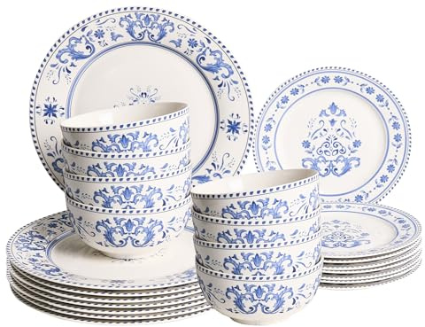 Set da 24 stoviglie piatti piani, scodelle e piatti da dessert in porcellana smaltata con motivo astratto bianco e blu