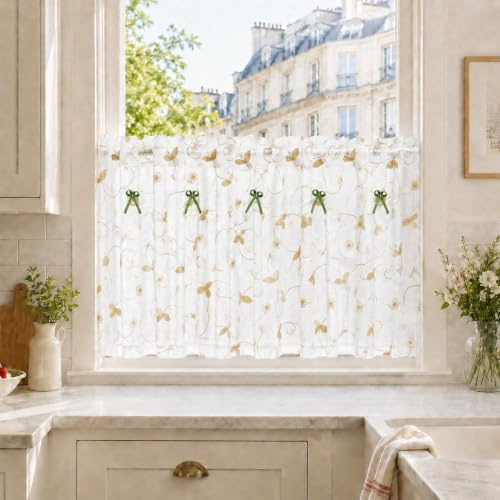 Yujiao Mao Scheibengardine mit Blumenstickerei, Weiß Khaki, BxH 140x60 cm | Bestickte Bistrogardine mit Schleifen, Voile-Küchengardine, Kurzvorhang für Kleine Fenster, Sichtschutz, Landhausstil