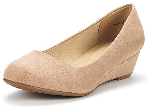 DREAM PAIRS Women's Debbie Mid Wedge Heel Pump Shoes, Size 5, Nude/Suede
