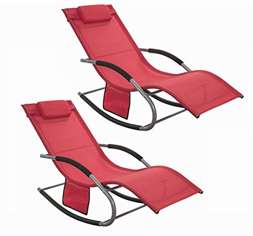 SoBuy Set 2 Tumbonas de Jardín Exterior con Cojín, 150×63×87cm hasta 150 kg | Set de 2 Sillas de Playa con Bolsillo Lateral, Estructura de Metal Robusta, Revestimiento Transpirable, Rojo, OGS28-Rx2