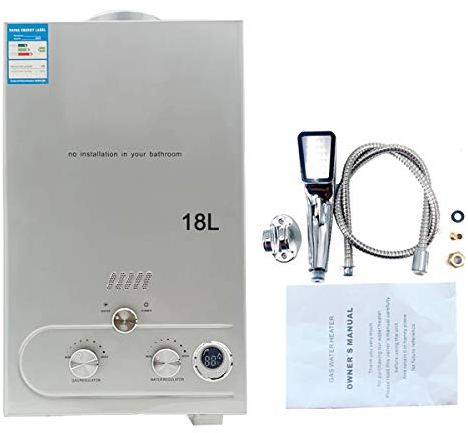 Cozyel Tragbarer Gas Durchlauferhitzer 18L 36KW Propangas Campingdusche für Dusche im Außenbereich Dusche Bad Warmwasser Camping Dusche LPG Warmwasserbereiter Warmwasser Tankless Instant,Silber