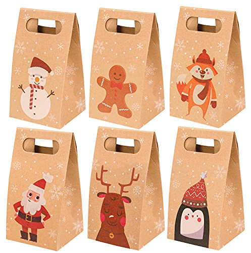 Belle Vous Geschenktüten Weihnachten Design (24 Stk) – 15,6 x 8,6 x 6 cm Kleine Kraftpapiertüten Weihnachten in 6 Designs (Jeweils 4) – Einfach Zusammenzubauen für Kekse, Süßigkeiten & Leckereien