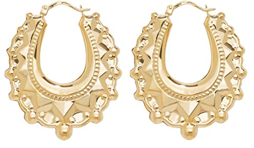 9ct Yellow Gold on Silver Large Victorian Style Gypsy Oval Creole Hoop Earrings