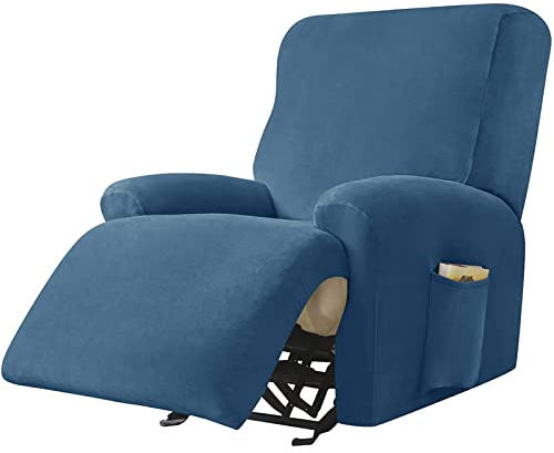 GEBIN Samt Relaxsessel Sesselbezug, 4-Stück Elastischer Antirutsch Komplett Sesselschoner, Weich Stoff Relaxsesselbezug, Möbelbezüge Für Relaxsessel Mit Seitentasche (Blau)