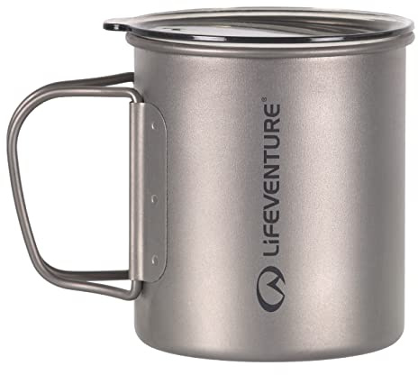 Lifeventure Superlight Titanium Insulated Double Wall Mug with Lid and Folding Handle – Ideal for Camping Or Travel, Silver