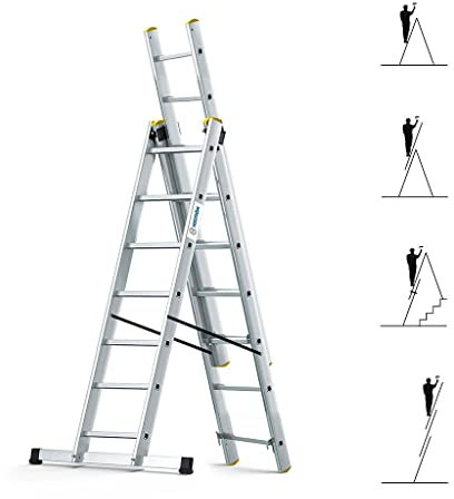 HOSTRÖM Echelle Transformable 3 Plans StablePro 3x7 marches Aluminium Extensible coulissante, 6 Positions, Hauteur Travail Max 5,00m, Garantie 5 Ans