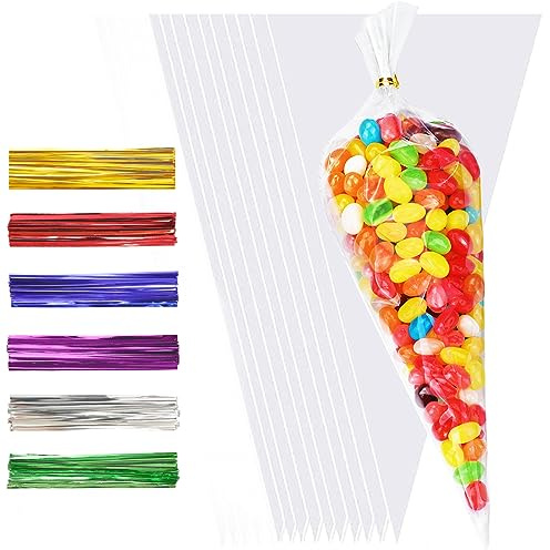 100pcs Sweet Cone Bags with 200 Colourful Ties, Clear Sweet Bags for Candy | 30x16cm Sweet Cone Bags，100pcs Colorful Ties ,100 Silver Ties,Clear Plastic Material, Candy Packaging, Party Favours, Cookies