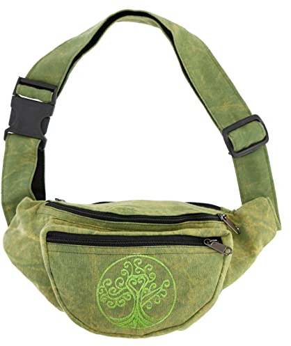 Kunst und Magie Bauchtasche Bunte Boho Goa Crossbody Schulter Gürteltasche Hüfttasche Stonewashed Unisex Lebensbaum, Farbe:Grün
