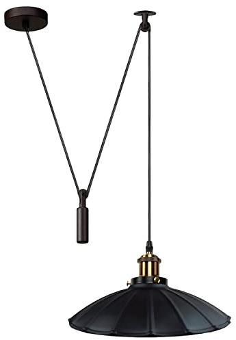 DC VOLTAGE Ceiling Pendant Light, 22cm Black Umbrella Metal Shade, Adjustable 2M Cable, E27, 60W, Industrial Pulley Hanging Lamp, Kitchen Island Loft Lighting