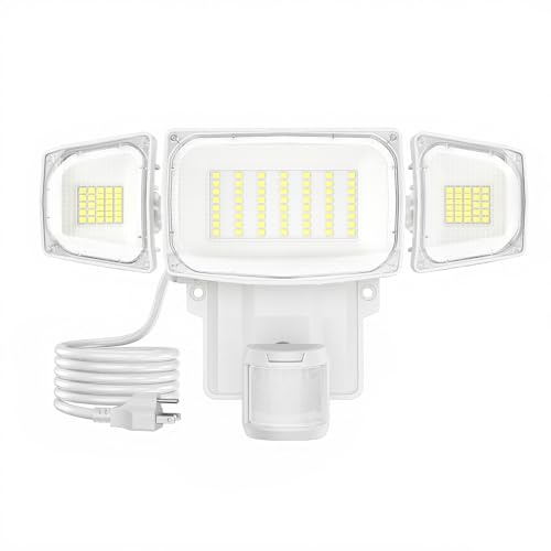 Olafus 70W Motion Sensor Outdoor Light Plug in, Motion Flood Light Dusk to Dawn, 7000LM LED Security Light IP65 Waterproof, Motion Activated 6500K PIR Sensor Lighting for Garage Yard Patio Eave, White
