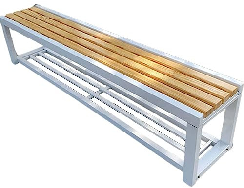 GODARM Gartenbank Holz 2 Sitzer Stabiler und Langlebiger Stahlständer mit Schuhablage Original Holzfarbe Gartenbank Metall Weiß Für den Außenbereich im Garten (Color : White, Size : 1m)
