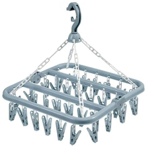 LIDOUK Clothes Drying Hanger with 32 Clips and Drip Foldable Hanging Sock Rack (BIUE)