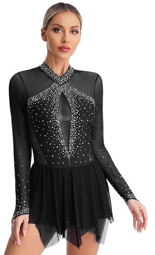 TTAO Damen Eiskunstlauf Kleid Glitzer Langarm Kürkleid Ballett Trikotanzug Mesh Spleiß Gymnastikanzug mit Tutu Röckchen Wettkämpfe Bekleidung Schwarz M