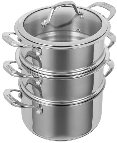 Kuhn Rikon 3-Tier Steamer Set 2.3L/18cm, Stainless Steel Pot with Glass Lid | Multi Cooker, Food Steamer, Vented Glass Lid, Induction Safe, Oven Safe to 240 C, 18/10 Stainless Steel - Allround