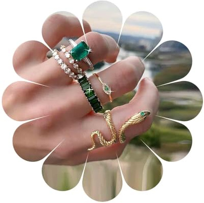 Cimenexe Punk Esmeralda Cristal Dedo Anillo Oro Serpiente Nudillo Anillo Verde Cz Mal De Ojo Anillo Cuadrado Esmeralda Banda Conjunto Declaración Serpiente Joyería Para 5 Piezas