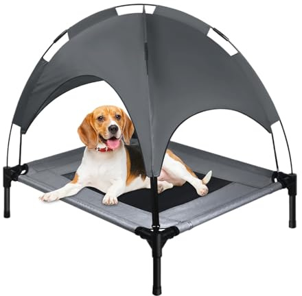 Hugsweet Hundeliege mit Dach, Erhöhtes Hundebett, Haustierbett mit Eisenrahmen, Haustierliege Wasserdicht und Atmungsaktiv, für Indoor & Outdoor