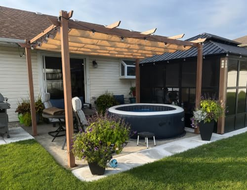 PURPLE LEAF Pergola Aluminium 4 x 3 m avec LED Finition Teck UPF 50+, Kaki | Aspect bois naturel, Soirées magiques, Toit protecteur, Guide de montage clair, Tissu teint en fil 180 g/m², Poteaux 9 × 9 cm
