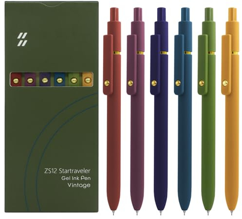 UIXJODO Gel Pens, 6 Pcs 0.5mm Black Ink Pens Fine Point Smooth Writing Pen with Silicone Grip, High-End Series Metal Clip Retractable Pen (6 Pcs Gold Vintage)