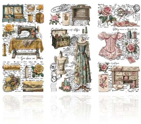 GLOBLELAND 3 Stück Vintage Nähmaschine Möbeltransfer 6x12 Zoll Retro Kleid Rub On Transfer Selbstklebende Wandtattoos Für Schlafzimmer Wohnzimmer Schreibtisch Tisch Dekoration