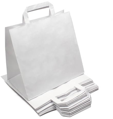 Daybays Papiertüten 26+17 x 25 cm Weiß Geschenktüten Papiertragetaschen mit Henkel aus Kraftpapier, Papiertaschen Geschenktüte Papiertüte klein (50)