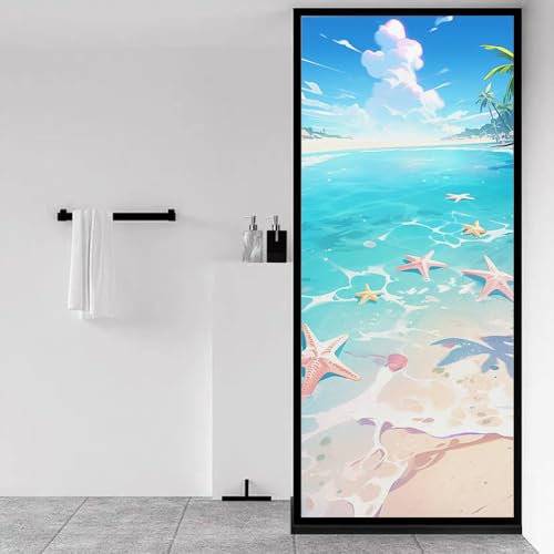 Milchglasfolie Strand Blau Grün Fensterfolie Schlafzimmer Fenster Sichtschutzfolie Milchglasfolie Selbstklebend Fenster Klebefolie Fenster Sichtschutz Folie für Fenster Fensterfolie Bad 50x100cm/4 Pcs