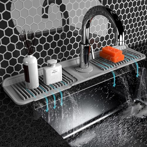 Folding Sink Splash Guard Behind Faucet-Faucet mat for Kitchen Sink-Silicone Kitchen Faucet mat-Faucet draining mat of Sink Accessories with Button Lock