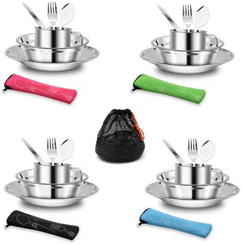 29 Pcs Stainless Steel Cutlery Set with Bowls, Plates, Cups, Forks, Spoons and Knives for 4 People. Travel Cutlery Set for Backpacking, Outdoor Camping, Hiking and Picnic