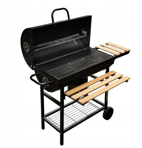 Mega-M Barbecue charbon de bois tonneau mobile avec couvercle, grille chromée, étagères pliantes et thermomètre intégré pour des grillades parfaites.