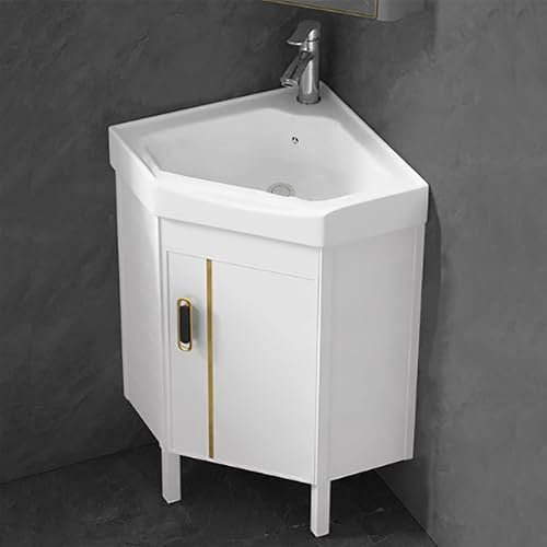 Badezimmer-Eckwaschbecken-Kombi-Schrank-Set mit Keramik-Waschtischarmatur und sanft schließenden Türen, bodenmontiertes Design für kleine Räume, Weiß (43 cm)