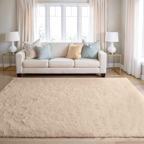 BEIMO Tapis de Salon Shaggy Tapis Chambre Moderne à Poils Longs et Moelleux, Grand Doux Tapis de Sol Pelucheux Dessous Antidérapant, Beige Sable, 140x200cm