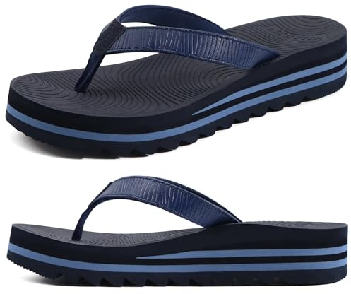 KuaiLu Flip Flops for Women With Arch Support Ladies Soft Yoga Mat Cushion Platform Thong Sandals Dressy Womans Lightweight Summer Slip On Beach Flip Flop Sandles, Dark Blue Size 4