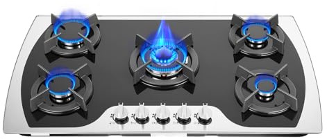 HUSPOO 5 Zonen Gaskochfeld, Gas Kochfeld Einbau Gaskochfelder mit Automatischer Thermoelementschutz, 5 Flammig, Erdgas/Propangas, Autark Glas Gaskochfeld, 90cm