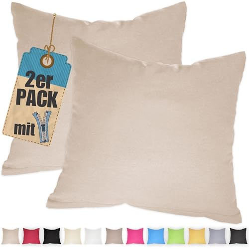 2er Pack Kissenbezug 30x30 cm Beige Baumwolle Kissenhüllen | Doppelpack, Reißverschluss verdeckt, waschbar, atmungsaktive Baumwoll-Mischgewebe (85% BW, 15% Poly), Kopfkissenbezug