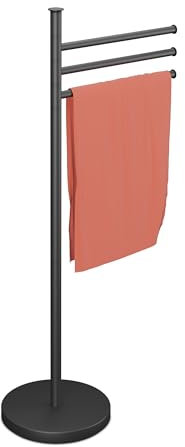 Relaxdays Piantana Portasciugamani da Terra, 3 Bracci Rotanti Porta Asciugamani Bagno, 85,5x42x22 cm, Acciaio Inox, Nero, Plastica