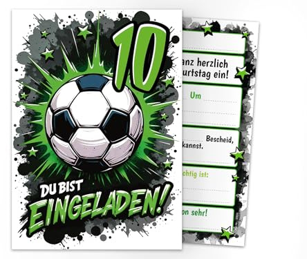 Junaversum 12 Einladungskarten zum 10. Kindergeburtstag Jungen Fußball Fussball Kinder coole bunte Einladungen zehnte Geburtstag Geburtstagseinladungen Kids