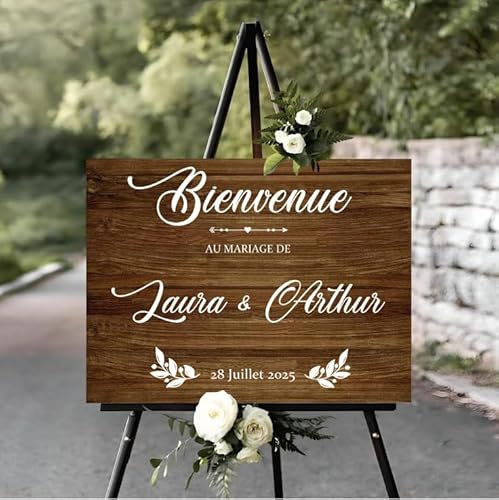 solenzo - Sticker de mariage avec prénom et date personnalisés pour panneau de bienvenue (Blanc, L30 X H37)