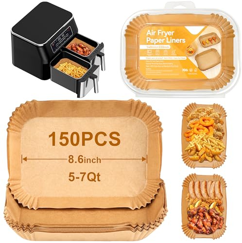 150 Pcs Papier Cuisson Air Fryer, Rectangle 14×22 CM Papier Air Fryer Pour Ninja, Philips, Qualité Alimentaire Papier Sulfurisé, Papier Cuisson Jetable Pour Air Fryer, Four Et Micro-Ondes.