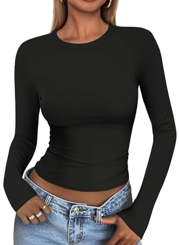 Cuptacc Top Damen Langarm Slim Fit Round Neck Langarmshirt Schwarz S