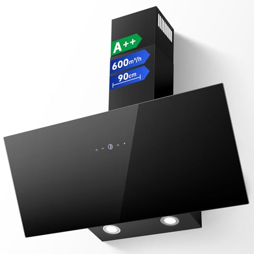 TopStrong Cooker Hood 90cm, 600 m³/h Extractor Fan kitchen, Wall-Mounted Extractor Hood, A++ Energy Efficiency, Touch Control, 58 dB, Recirculating & Ducting System, Black