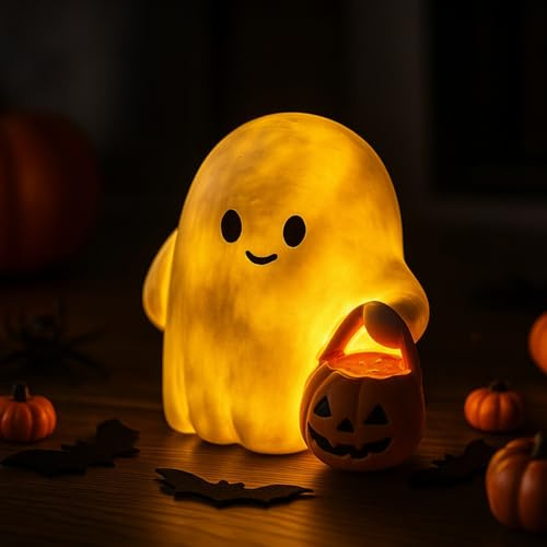 Nexoria Halloween Deko Geist mit LED Kerzen, Leuchtend Geister Deko mit Kürbis Halloween Deko Outdoor Stehende Harz Geisterfigur Batteriebetrieben Gespenst mit LED Licht für Tischdeko