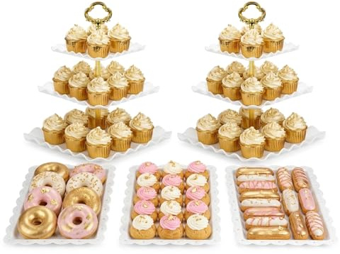 NWK 5-Piece Cupcake Stand & Appetizer Trays Set (Gold) | Cake Stand Set Includes 2 x 3-Tier Cupcake Stands, 3 Appetizer Trays, Square Shape, Gold Design, Perfect for Parties