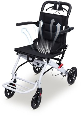 Lightweight Folding Wheelchair for Adults (Only 8.2 KG) – Transport Chair with Hand Brakes & Safety Strap, 100KG Capacity, for Seniors, for Travel (White)
