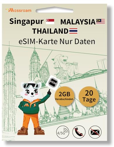 eSIM für Reisen in Singapur, Malaysia und Thailand, Internationale Reisen, 4/5G LTE Prepaid-Tagesplan, 2 GB tägliche Daten, 20 Tag nur globale Reise-eSIM-Karte