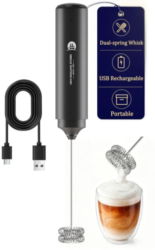Rechargeable Milk Frother Handheld, 2-IN-1 Dual Spring Whisk Electric Frother Wand for Cappuccino Latte Macchiato, Portable Drink Mixer for Coffee, Matcha, Hot Chocolate