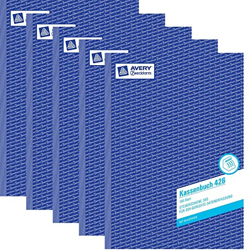 AVERY Zweckform 5x 426 Kassenbuch (A4, 100 Blatt, 1 Blatt Blaupapier, nach Steuerschiene 300, EDV-gerechte Datenerfassung, von Rechtsexperten geprüft, für DE, ordnungsgemäße Buchführung) weiß