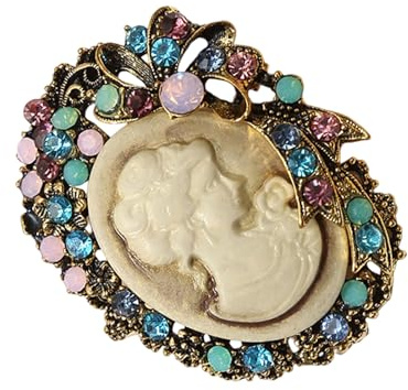 Funkelnde, mit Kristallen verzierte Vintage Brosche, goldfarbene Legierungsnadel, Damenbekleidungszubehör für Abendpartykleidung, Vintage Cameo Brosche