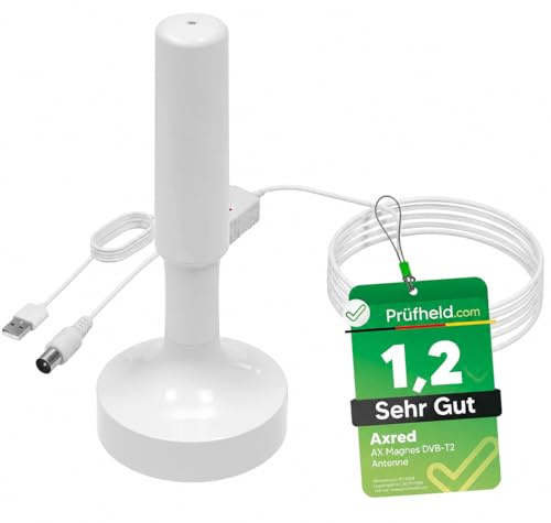 [Test SEHR GUT, Note 1.2 *] Anadol AXRED Magnes Weiss DVBT2 Antenne mit Verstärker 30dBi für innen außen, DVBT Antenne für Receiver Fernseher, DVB-T DVB-T2 Antennen, DVB T2 Zimmerantenne, 5m Kabel