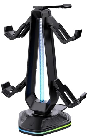 Controller Holder Headphone Stand Featuring Adjustable LED Lighting and Type C Charging for Multiple Gaming Consoles Black Gaming Stand