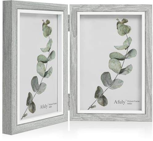 Afuly 6x4 Double Photo Frame Wooden Grey Foldable 4x6 Multi Picture Frames | Wall Hanging Desk Display with Hooks, HD Real Glass & Solid Wood, Wedding Birthday Memorial Gift for Family
